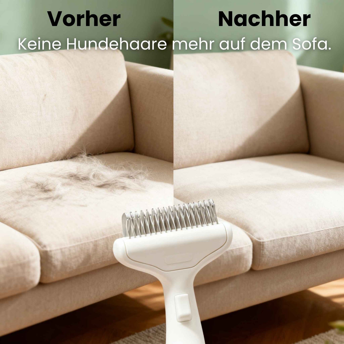 FellFix Hundebürste Unterwolle - Vorher Nachher Ergebnis am Sofa