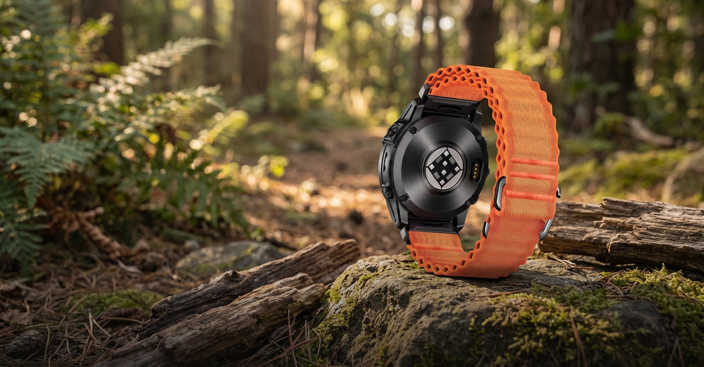 LUBUR N1 AIR Nylonarmband für Garmin QuickFit – Signalorange, draußen im Wald